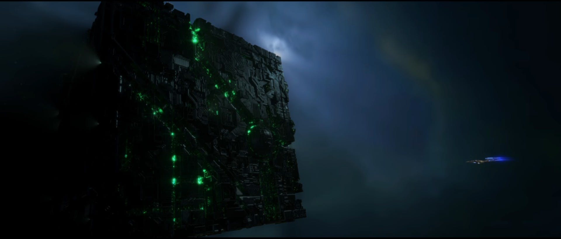 Close-up of the Borg cube as the Protostar approaches in 'Let Sleeping Borg Lie'