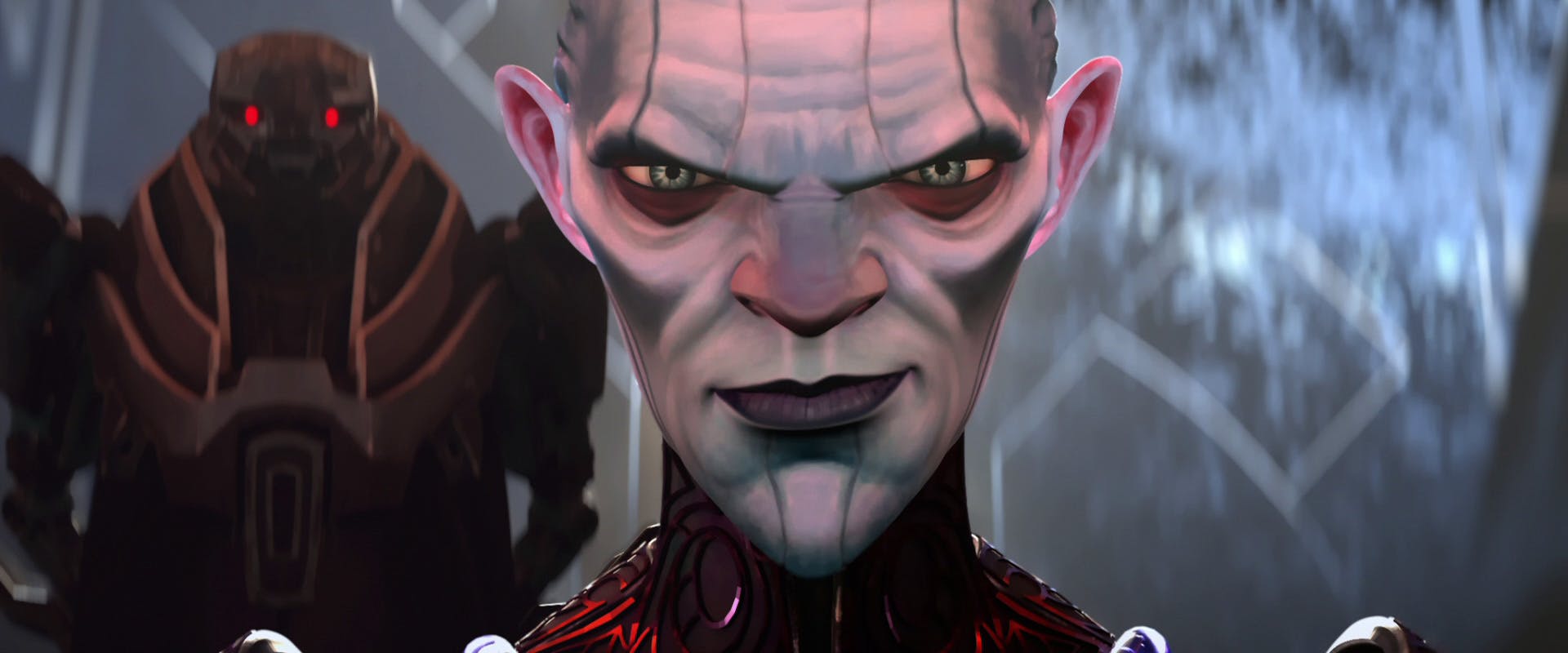 A close-up of The Diviner's face as he smirks at his progeny while Drednok stands behind him in 'A Moral Star, Part 1'