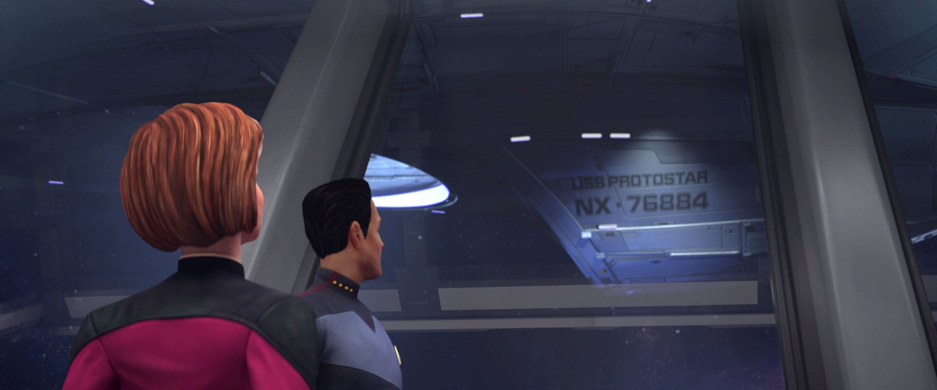 In 'Asylum,' the holodeck replays the simulation of Admiral Janeway saying goodbye and celebrating Captain Chakotay's new mission aboard the U.S.S. Protostar