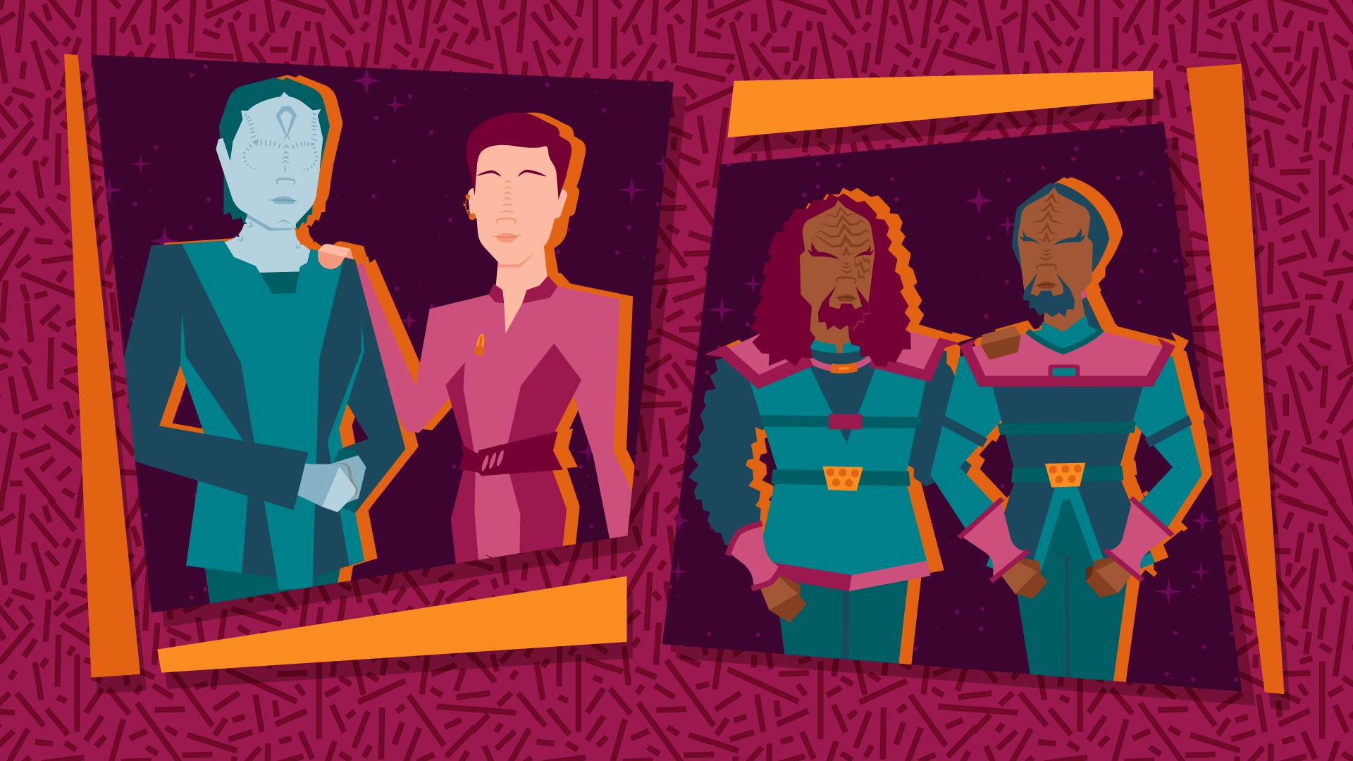 Graphic illustration of Kira Nerys standing side-by-side with Tekeny Ghemor with her hand on his shoulder, and Martok and Worf standing side-by-side with the general's hand on Worf's shoulder