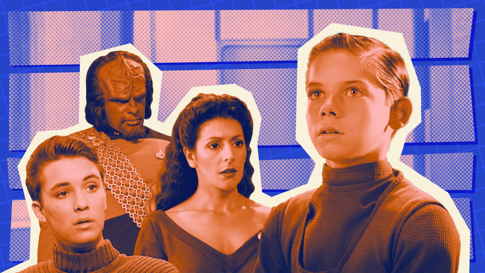 A collage featuring cut-outs of Wesley Crusher, Deanna Troi, Worf, and the orphan Jeremy in 'The Bonding'