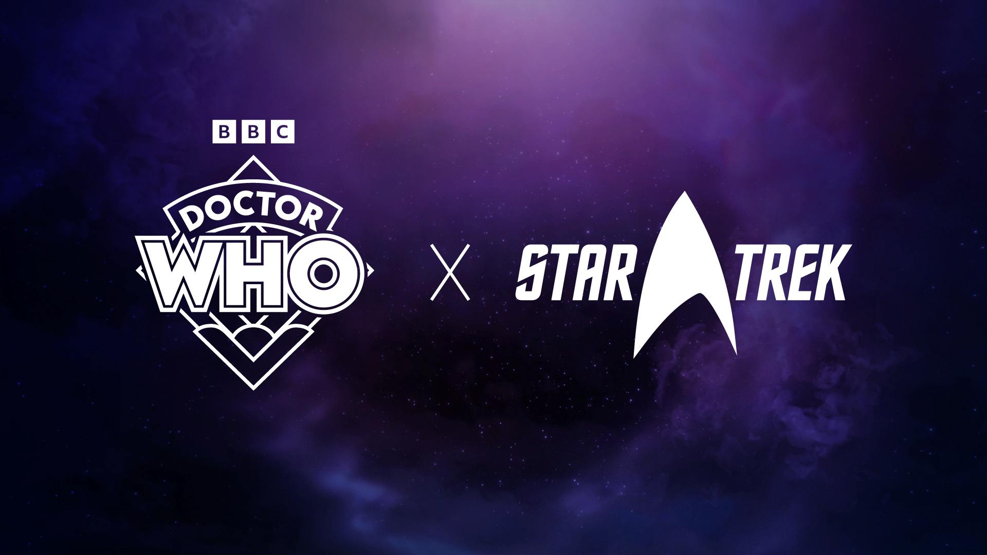 BBC Doctor Who brand logo x Star Trek brand logo against a nebula background
