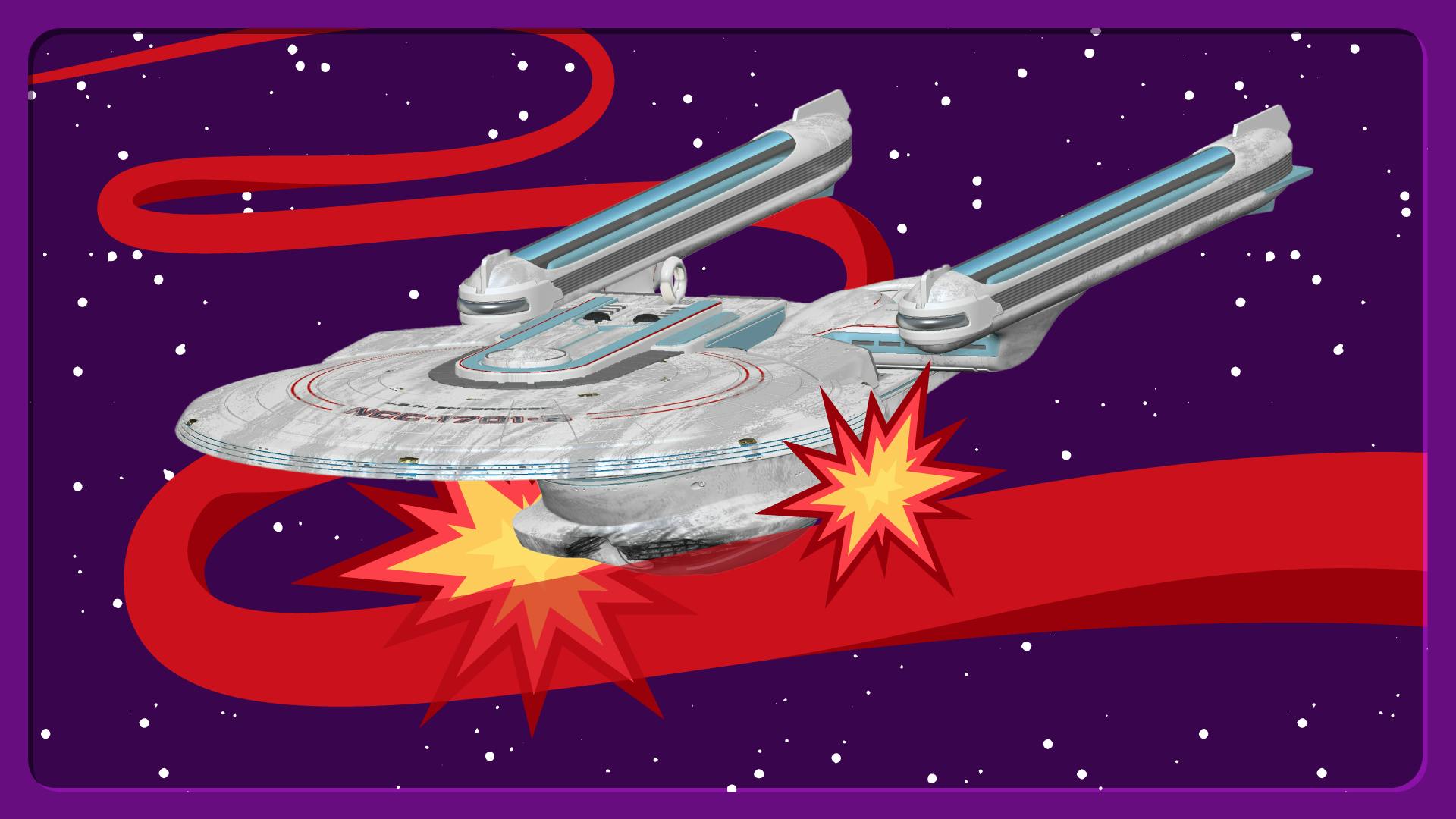 Graphic illustration featuring Hallmark's Enterprise-B with Nexus damage ornament with a ribbon trailing it