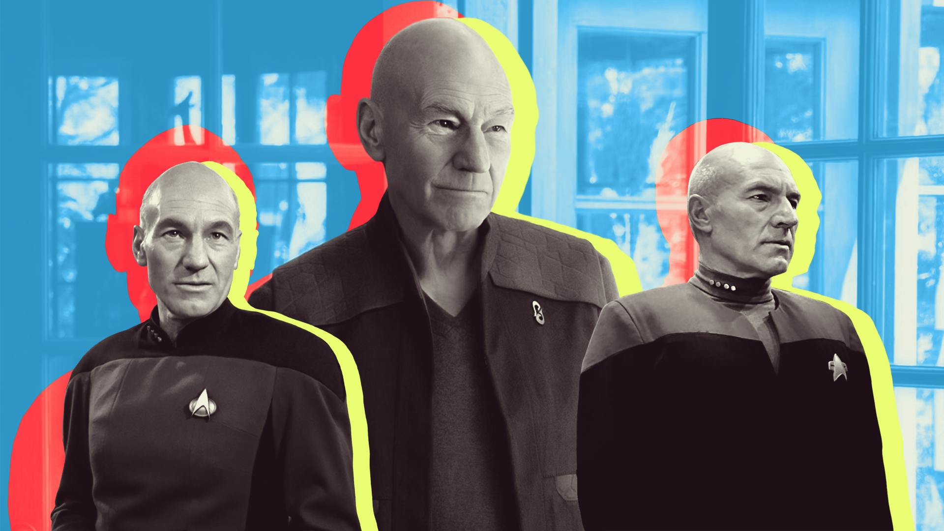 Collage featuring Jean-Luc Picard in Star Trek: The Next Generation, Star Trek Generations and Star Trek: Picard