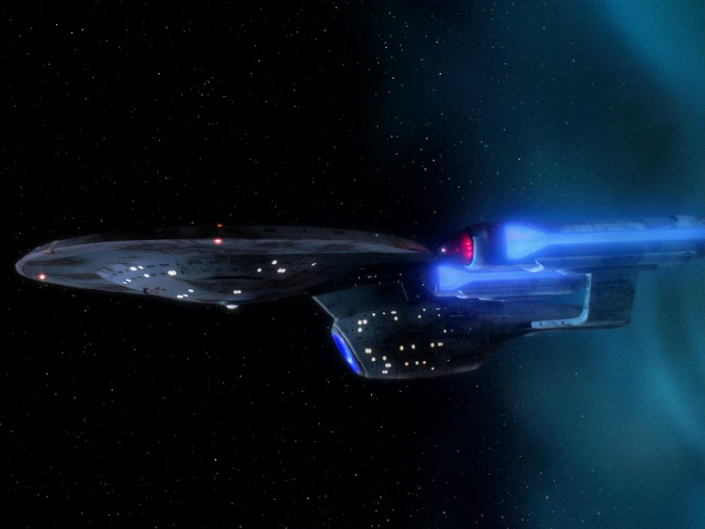 Close-up of the alternate timeline U.S.S. Enterprise-D warship in 'Yesterday's Enterprise'