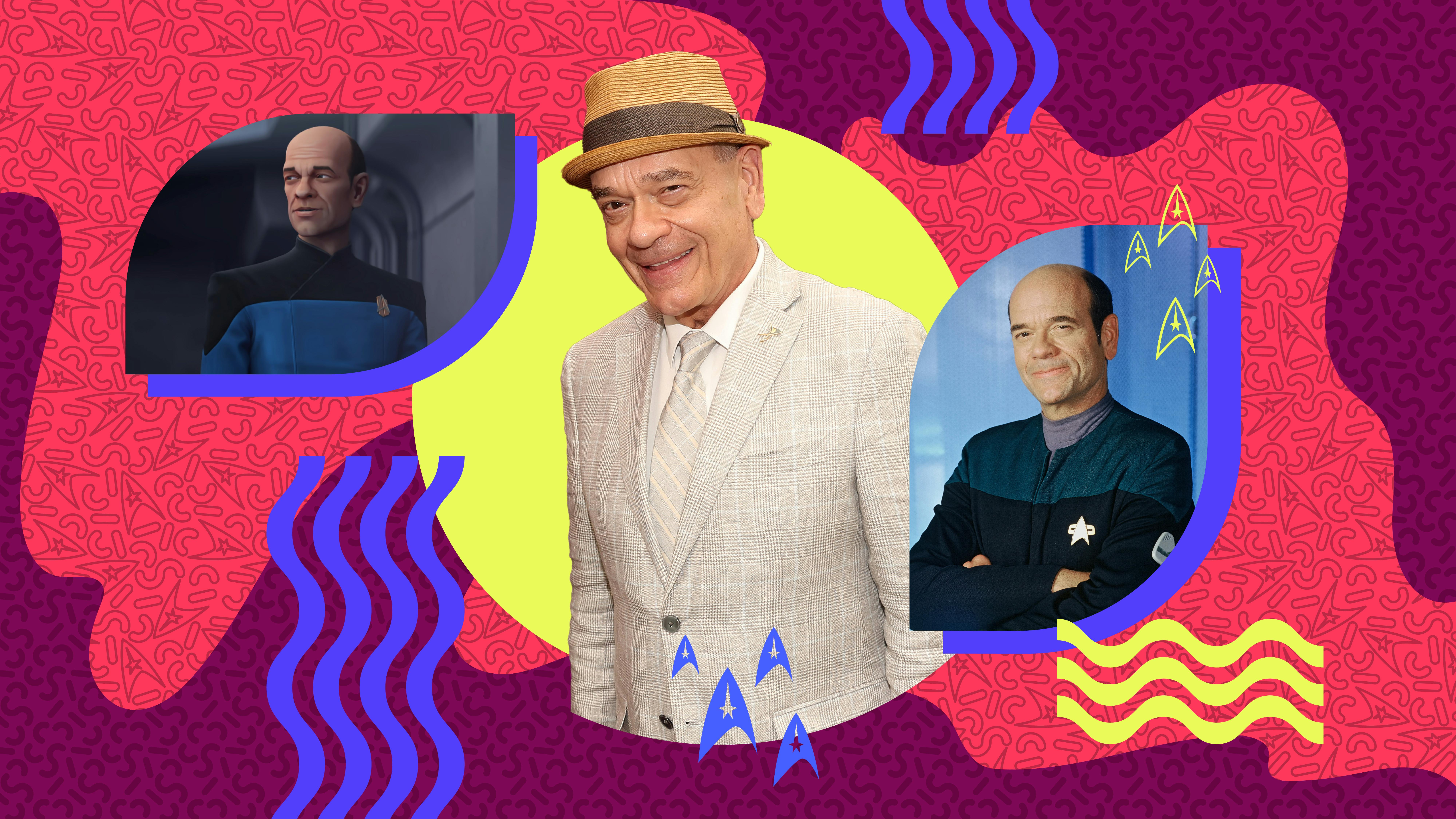 Graphic illustrated collage featuring Robert Picardo and promo images of The Doctor from Star Trek: Voyager and Star Trek: Prodigy