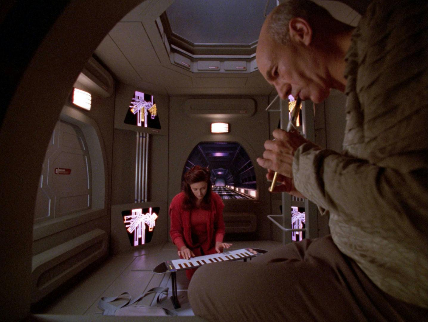 In a Jefferies tube, at the most acoustically perfect spot, Nella Daren played the piano as Picard played his Ressikan flute in 'Lessons'