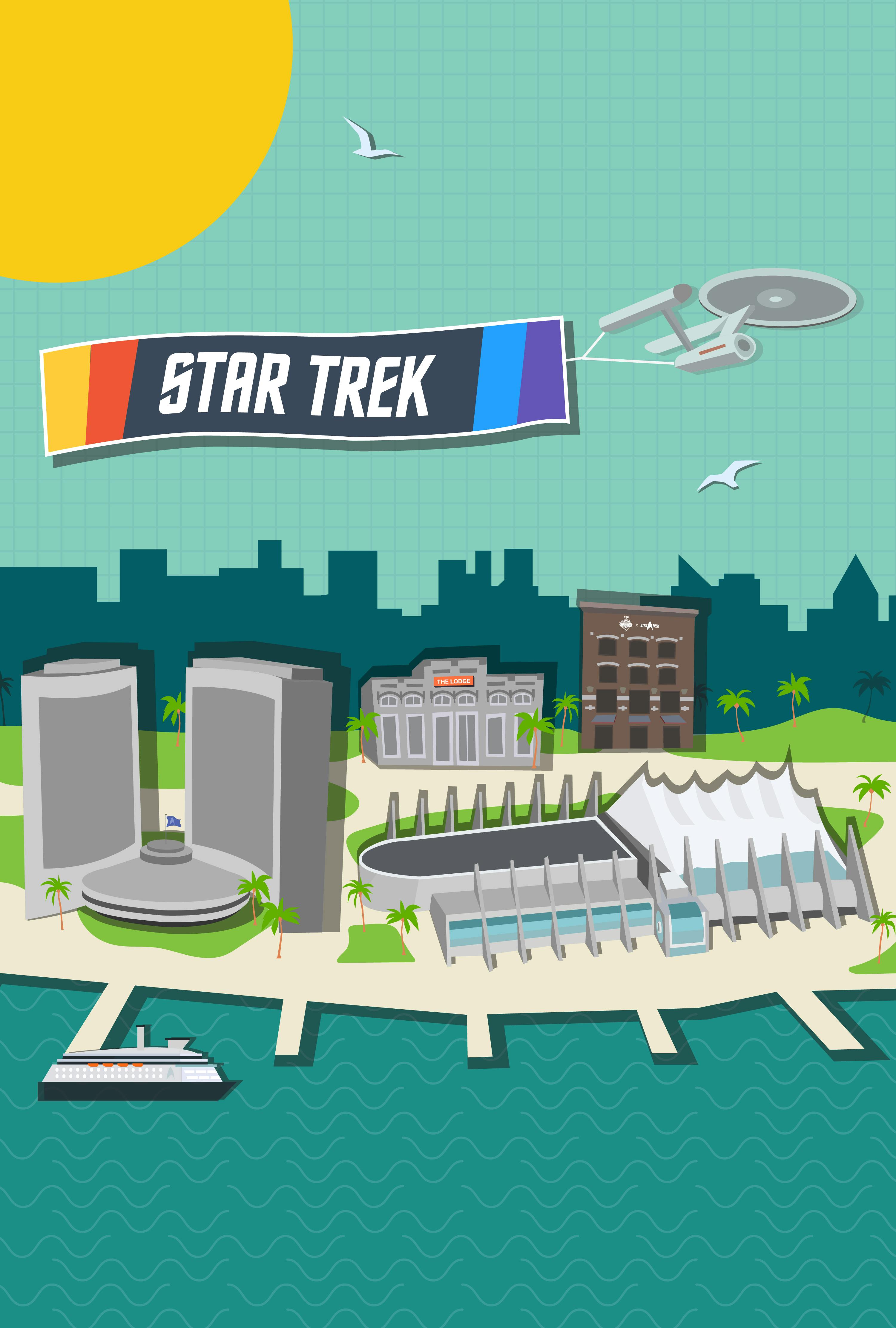 Graphic illustration of the San Diego Convention Center and Gaslamp area with the Enterprise flying overhead pulling a Star Trek banner