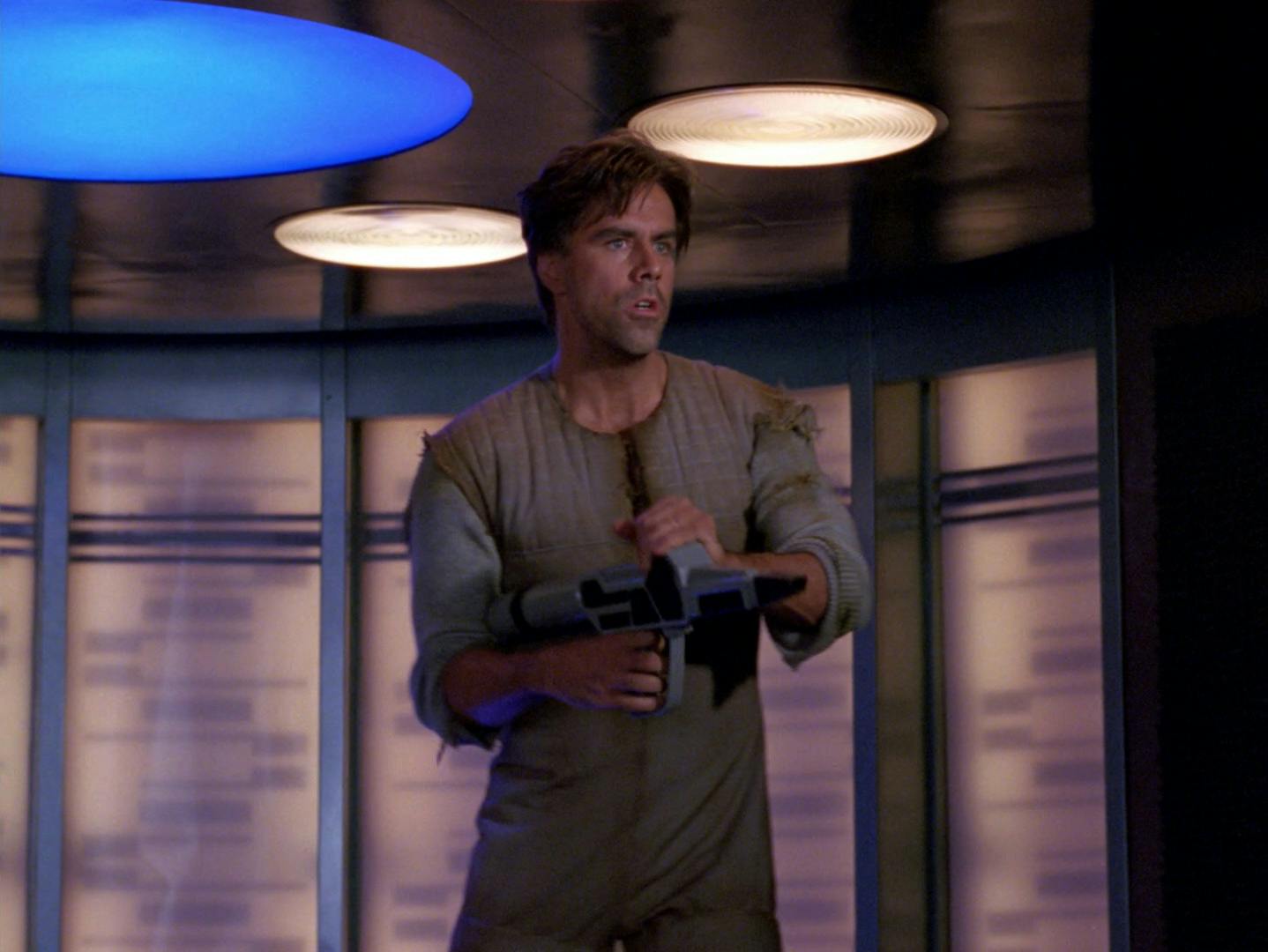 Close-up of the artificially-augmented Angosian soldier Roga Danar on the Enterprise-D transporter pad in 'The Hunted'