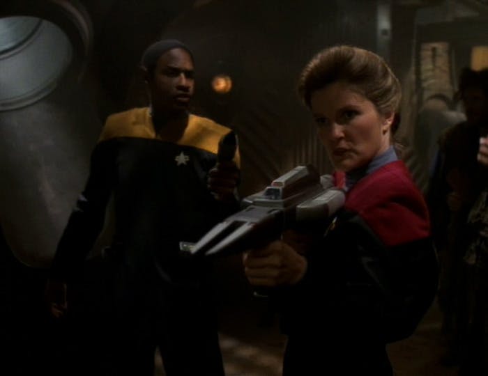 Tuvok and Janeway arrive to rescue Tom Paris and Harry Kim in 'The Chute'