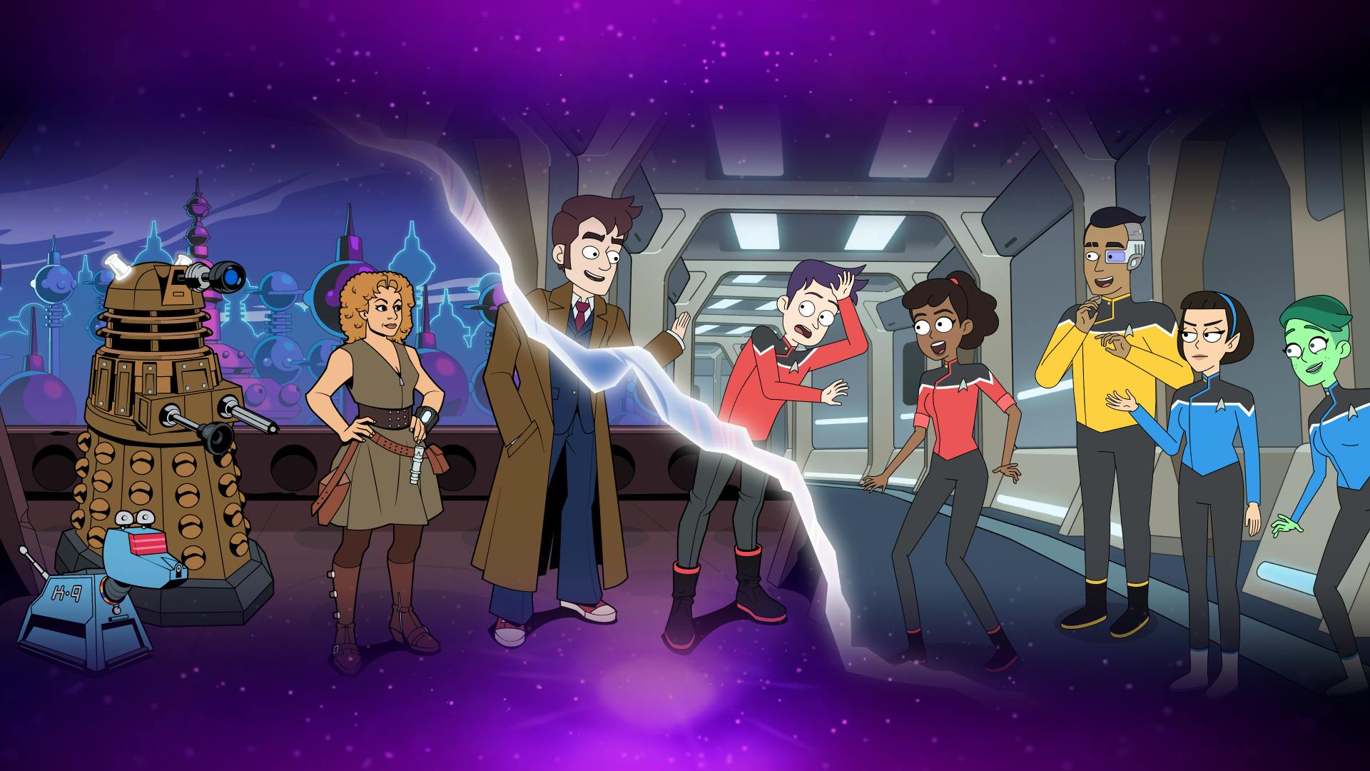 A rift strikes through the Cerritos as the Tenth Doctor approaches a concerned Boimler as K-9, a Dalek, River Song, Mariner, Rutherford, T'Lyn, and Tendi look on
