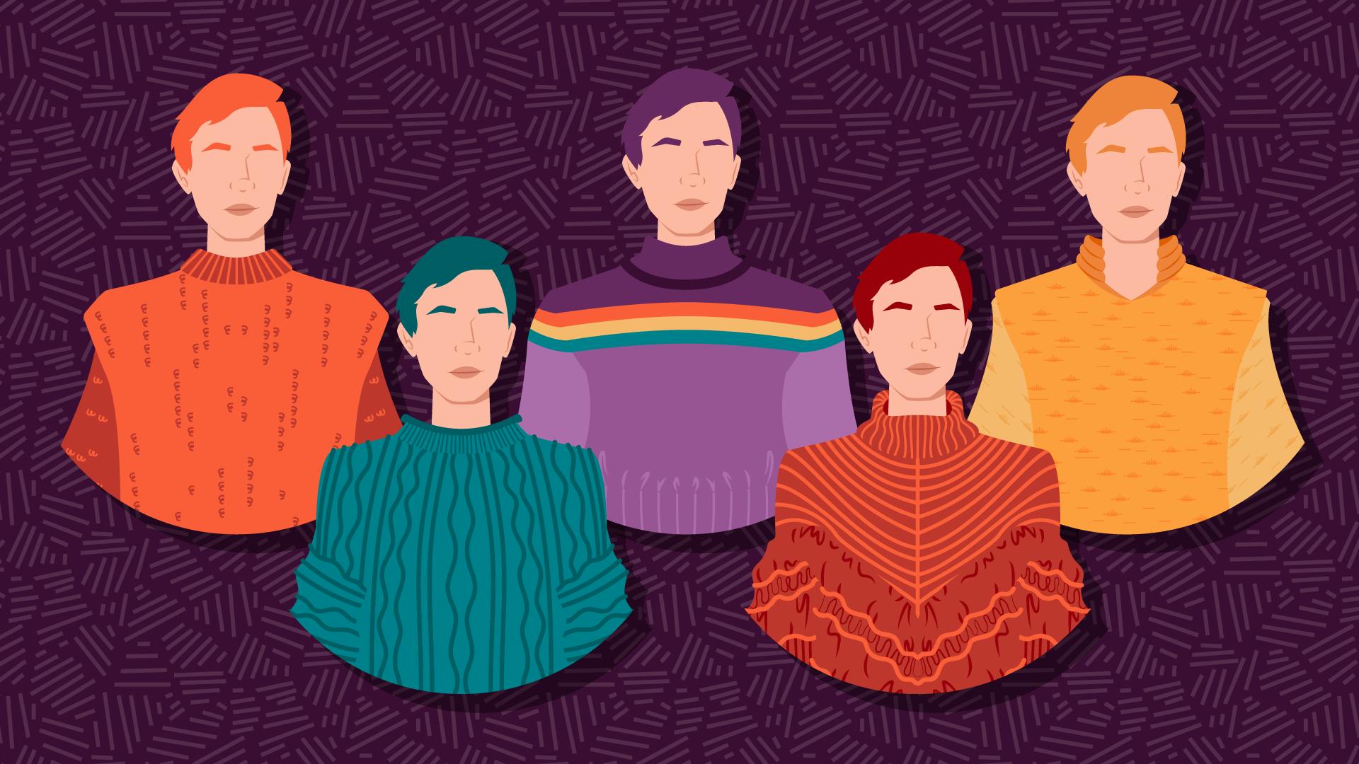 Five graphic illustrations of Wesley Crusher in his various noteworthy sweaters