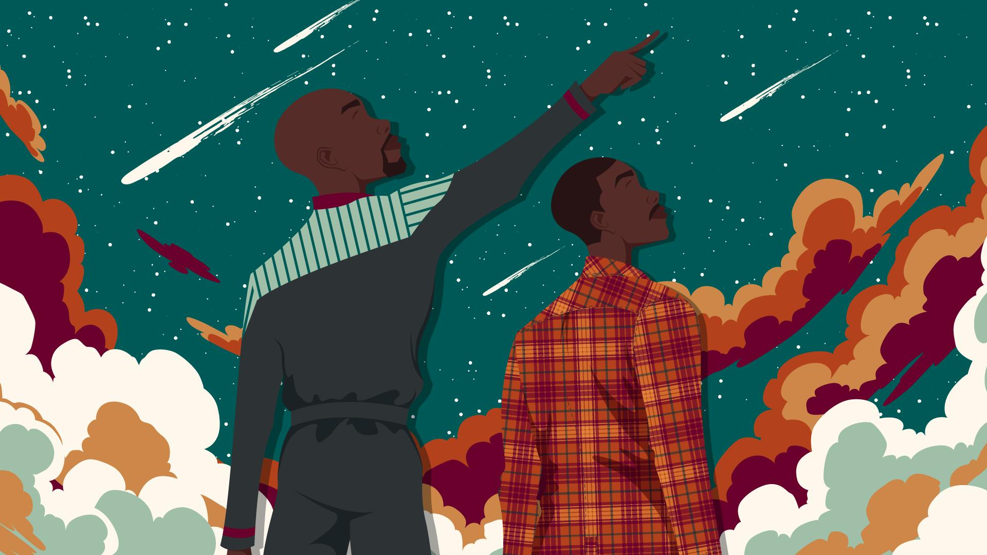 Graphic illustration of Captain Sisko pointing towards the sky as the Fifteenth Doctor's gaze follows his direction