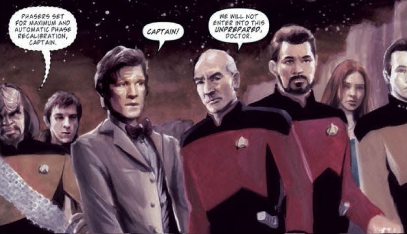 Star Trek The Next Generation Doctor Who Assimilation2 #6 page 3 panel featuring Worf, Rory, the Eleventh Doctor, Picard, Riker, Amy Pond, and Data