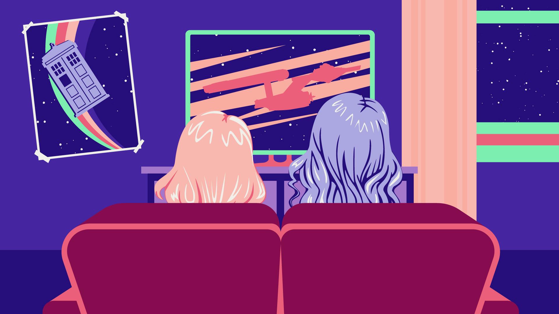 Graphic illustration featuring two friends on a couch watching a tv with a starship on it and a poster of the TARDIS on their wall