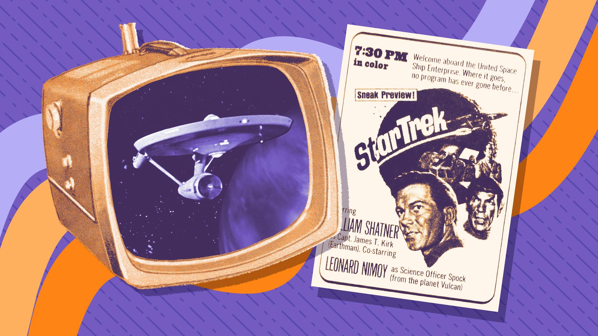 Illustrated graphic with a retro television with an image of the U.S.S. Enterprise hovering above a planet alongside an old tv listing ad on where to catch Star Trek on broadcast