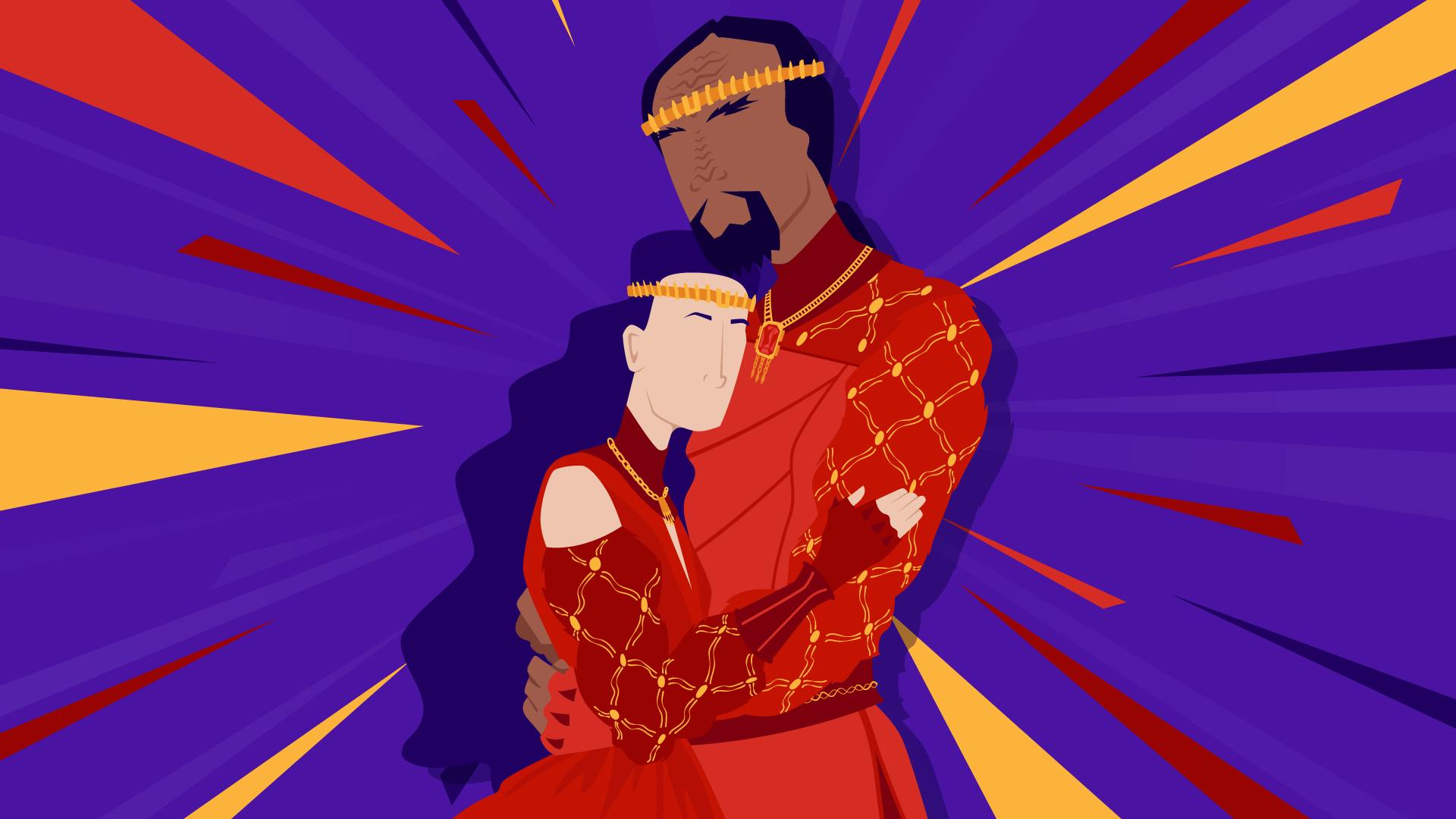 Illustrated graphic rendering of Jadzia and Worf embraced in a hug in formal attire on their wedding day