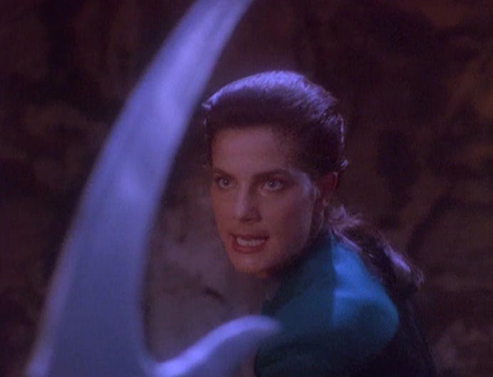 In the holosuite, Jadzia Dax duels with Worf with bat'leths in 'The Way of the Warrior, Part I'