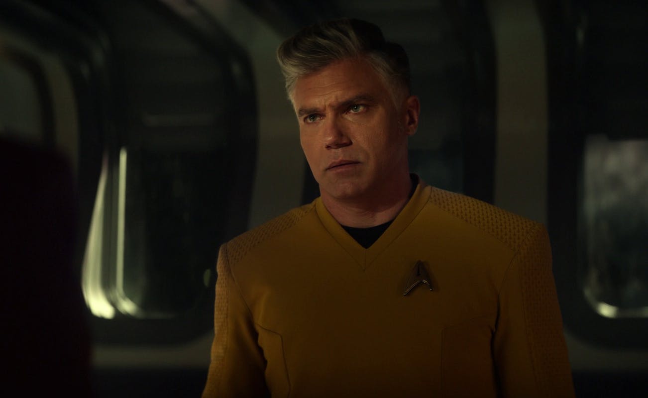 In his ready room, Captain Pike stands in the shadows weighing the outcomes of his choices in 'A Quality of Mercy'