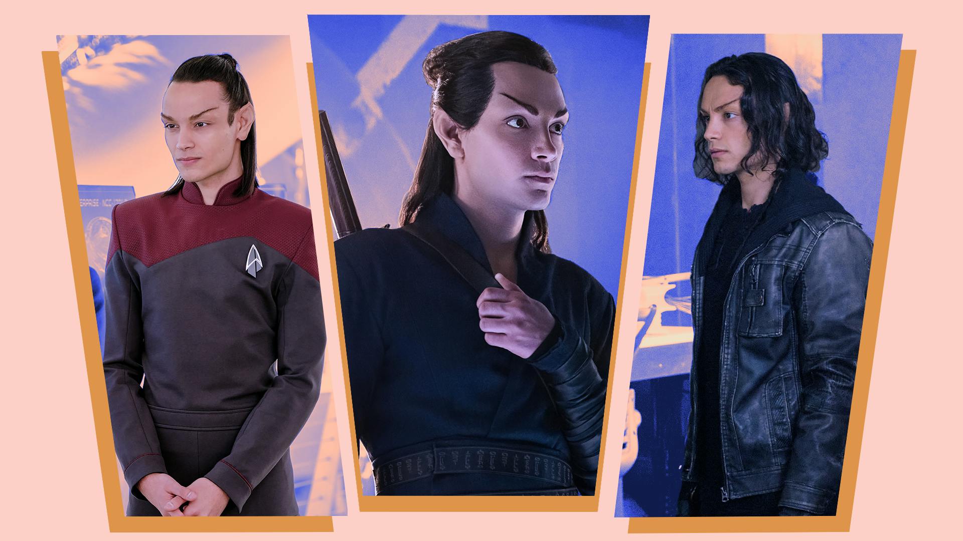 Triptych collage of episodic images of Elnor from Star Trek: Picard