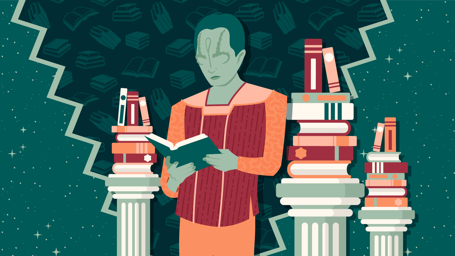 Illustration of Garak standing and reading a book next to pillars with stacks of books on top of it