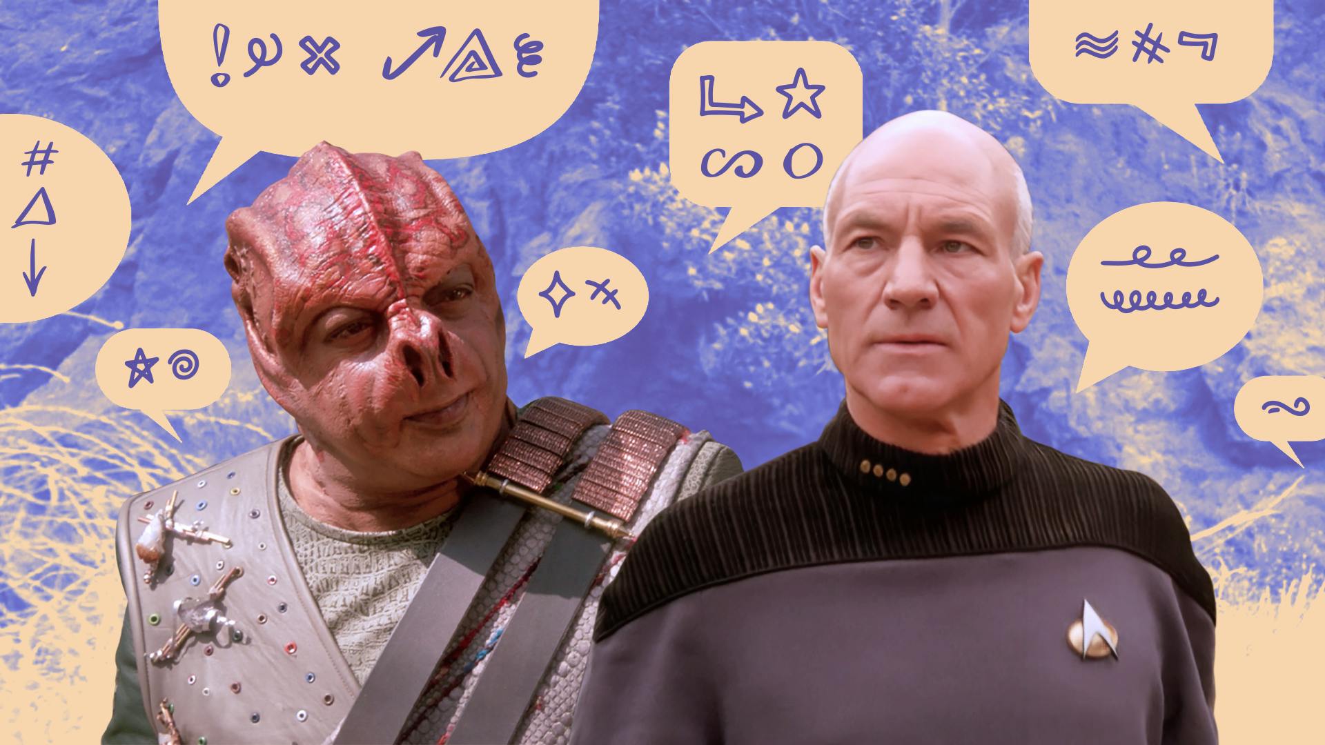 Graphic illustration of an episodic still of Dathon and Picard from 'Darmok' with filtered background and speech bubbles with special characters