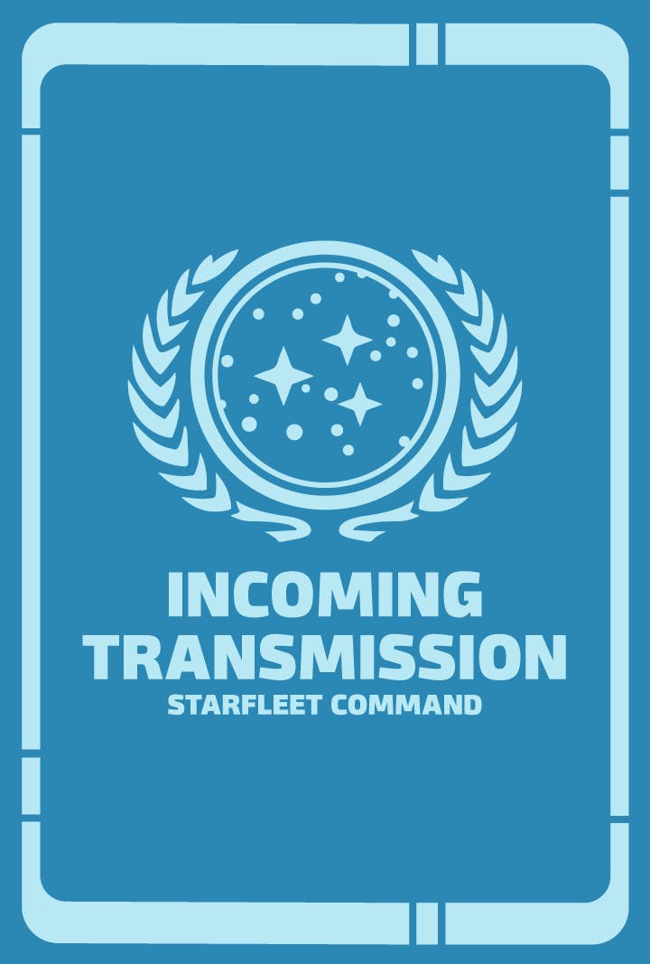 LCARs screen with the UFP logo and 'Incoming Transmission Starfleet Command'