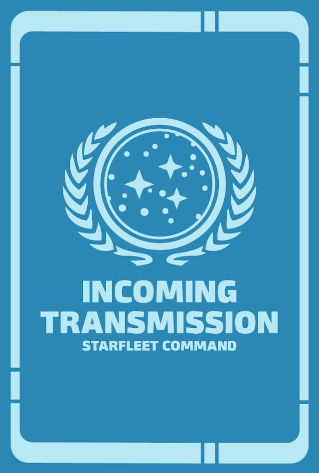 LCARs screen with the UFP logo and 'Incoming Transmission Starfleet Command'
