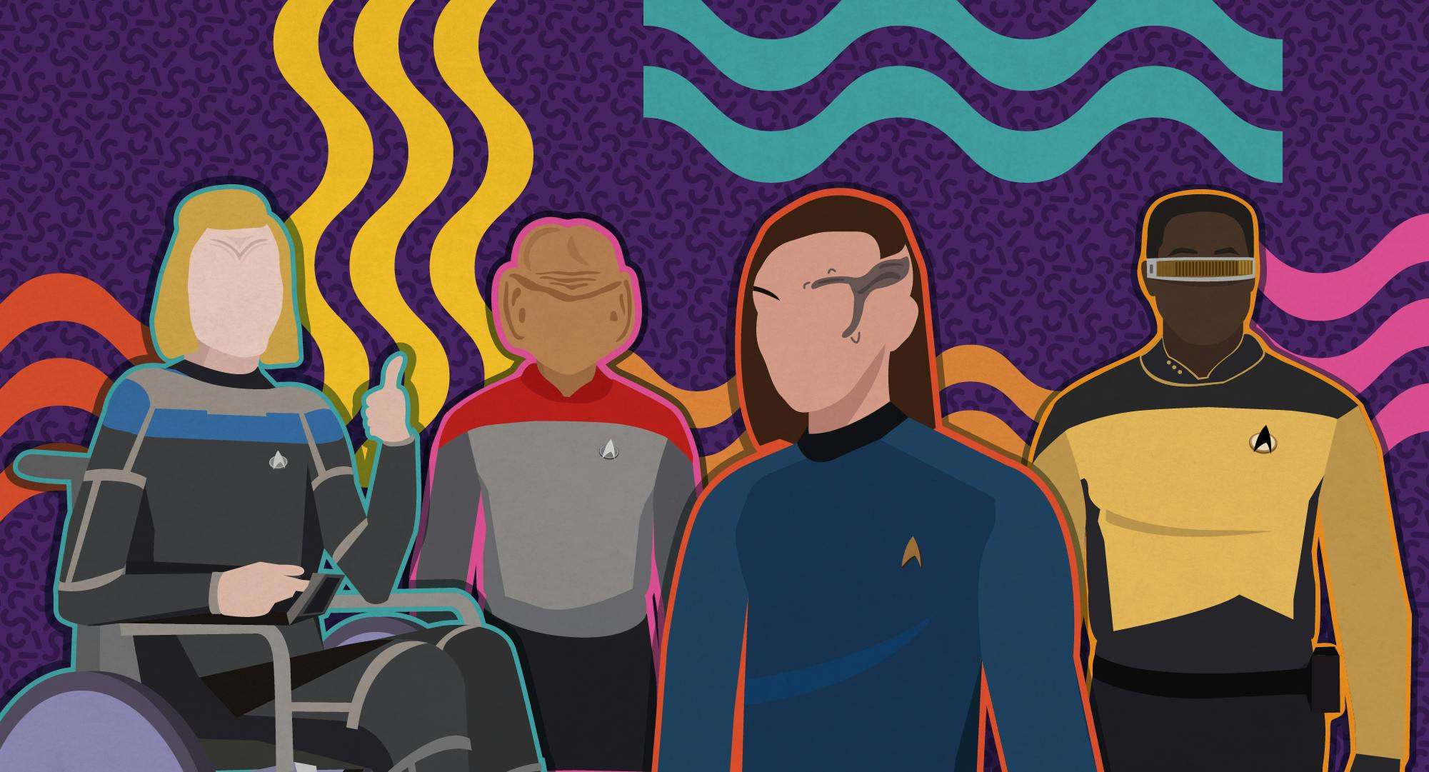 Graphic illustration of Melora, Nog, Detmer, and Geordi La Forge