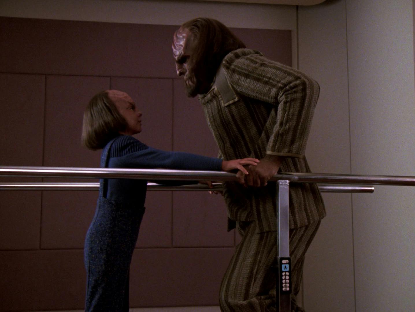 Following his spinal surgery, Worf begins his rehabilitation with support from his son Alexander in 'Ethics' 