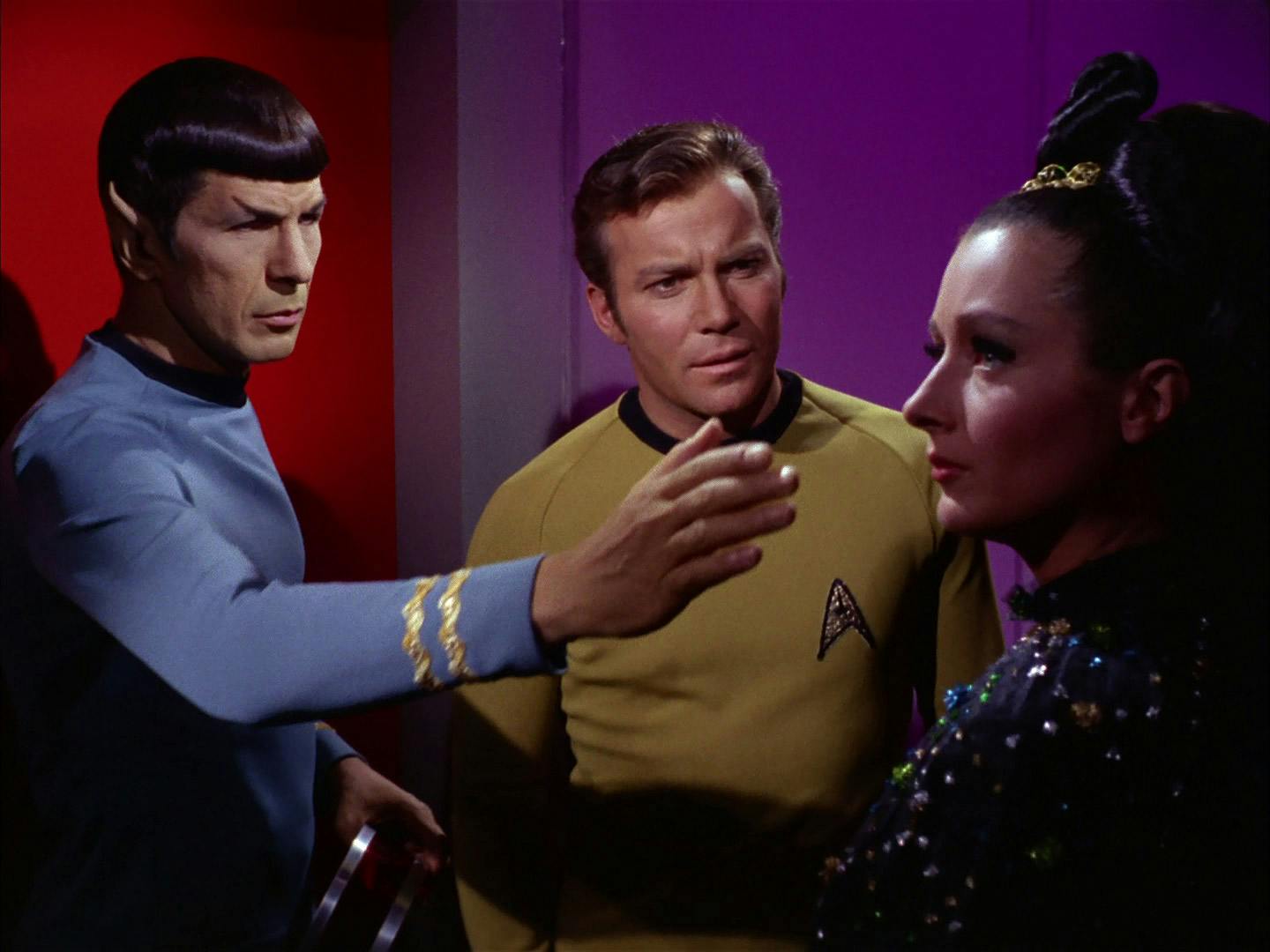 Spock and Kirk realize Dr. Miranda Jones is blind as Spock raises his hand in front of her face in 'Is There in Truth No Beauty?'