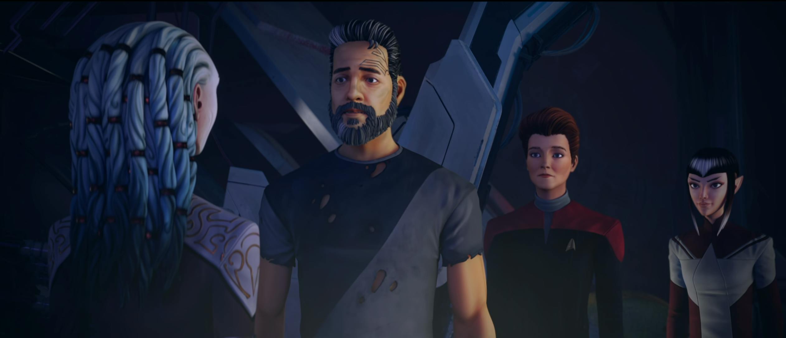 A disheveled Chakotay in tattered clothes and full beard faces Gwyn as Holo Janeway and Maj'el stands behind him in 'The Last Flight of the Protostar, Part I'