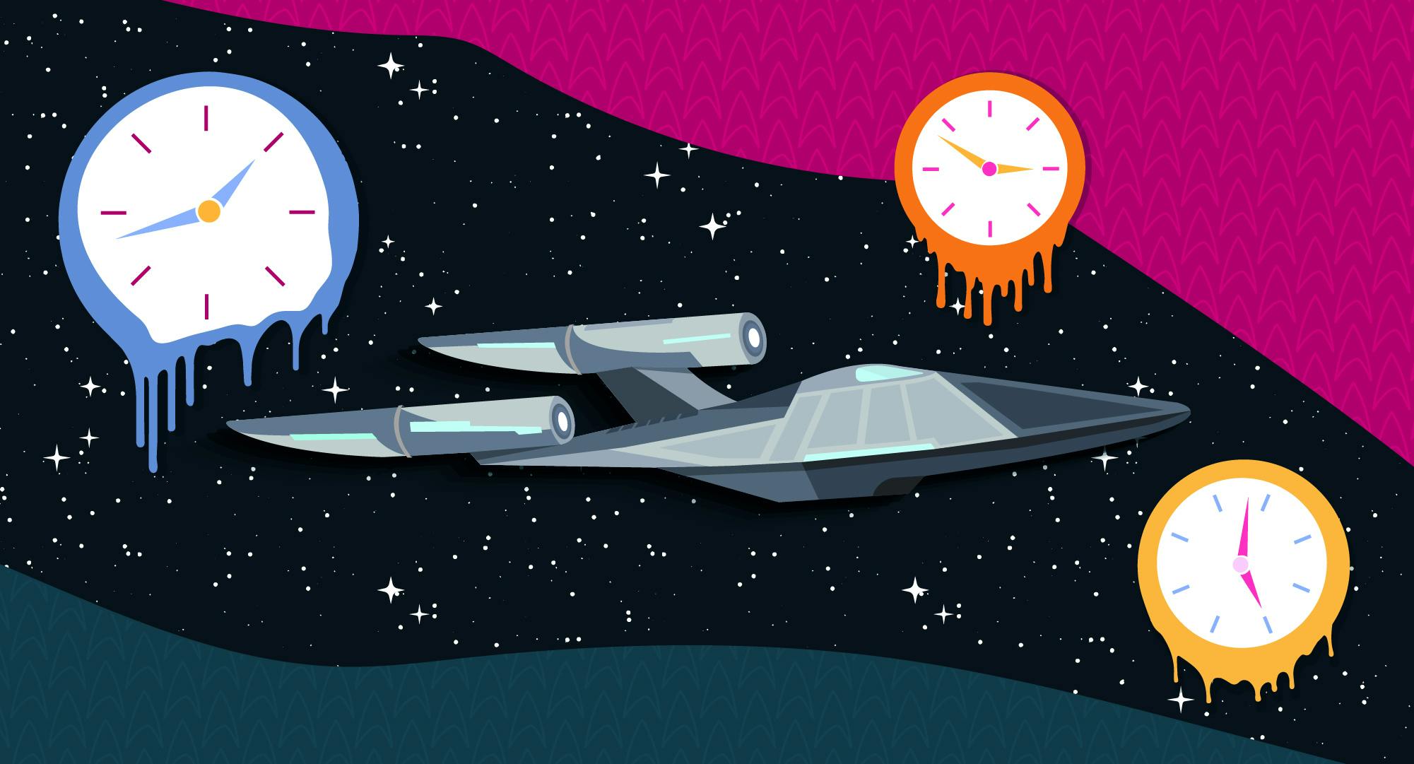 Graphic illustration of a starship floating through space surrounded with melting clocks