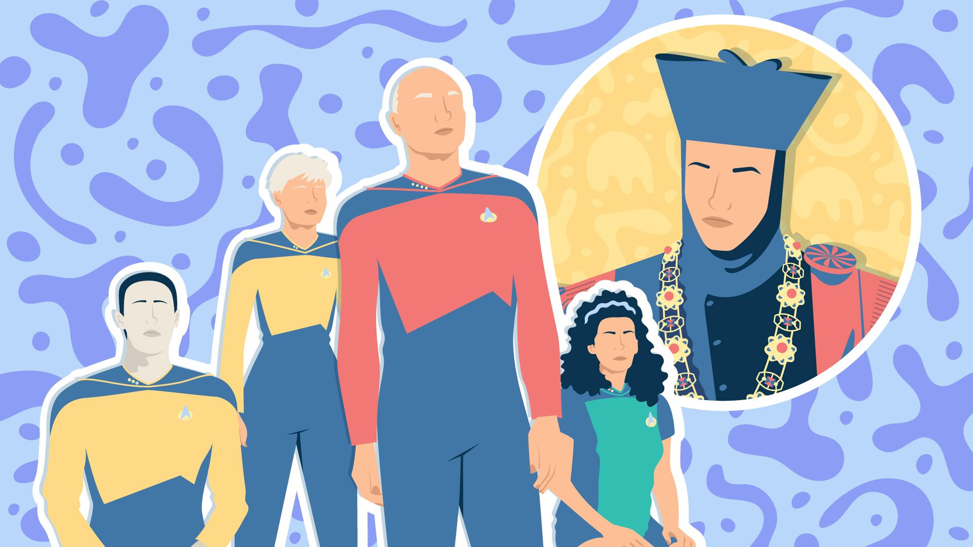 Graphic illustration of a seated Data and Deanna Troi, with Tasha Yar and Jean-Luc Picard standing between them, and Q in a judge's robe in floating bubble