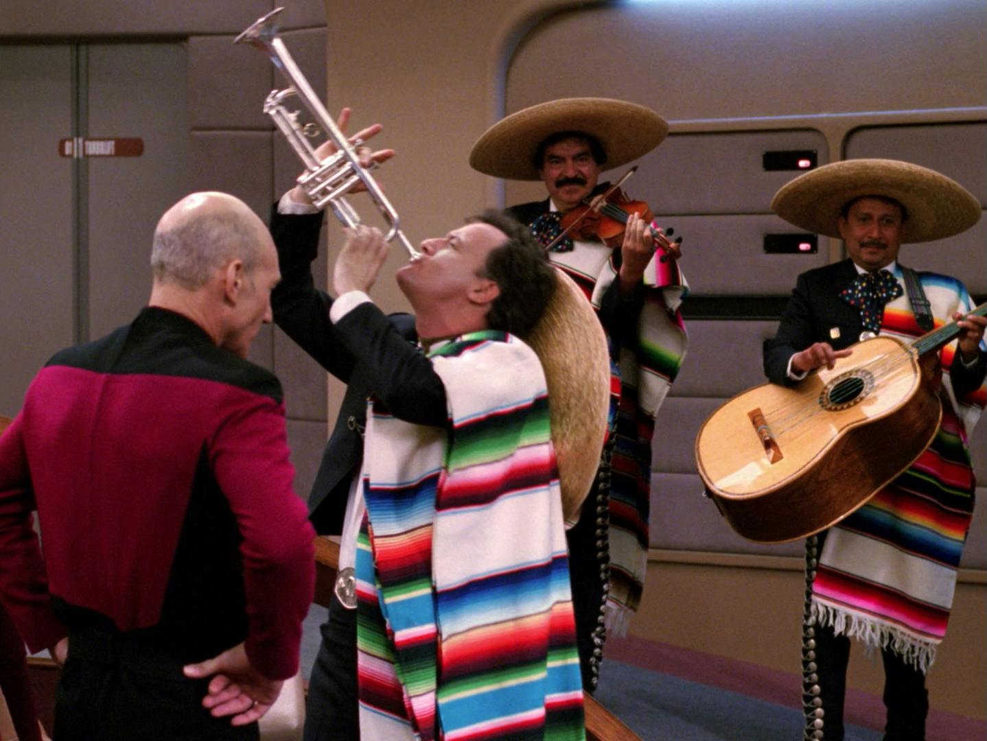 Q celebrates the return of his powers with a mariachi band while he plays the trumpet in 'Déjà Q'