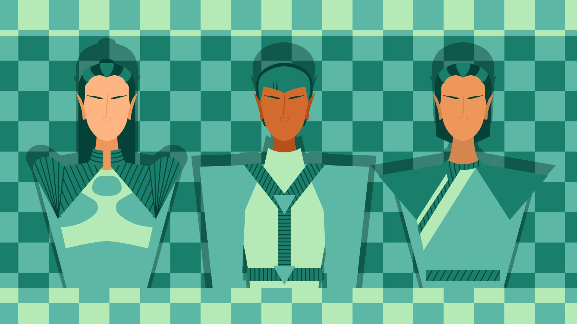 Graphic illustration of three Romulan showcase their uniforms and strong shoulder pads against a green checkerboard background