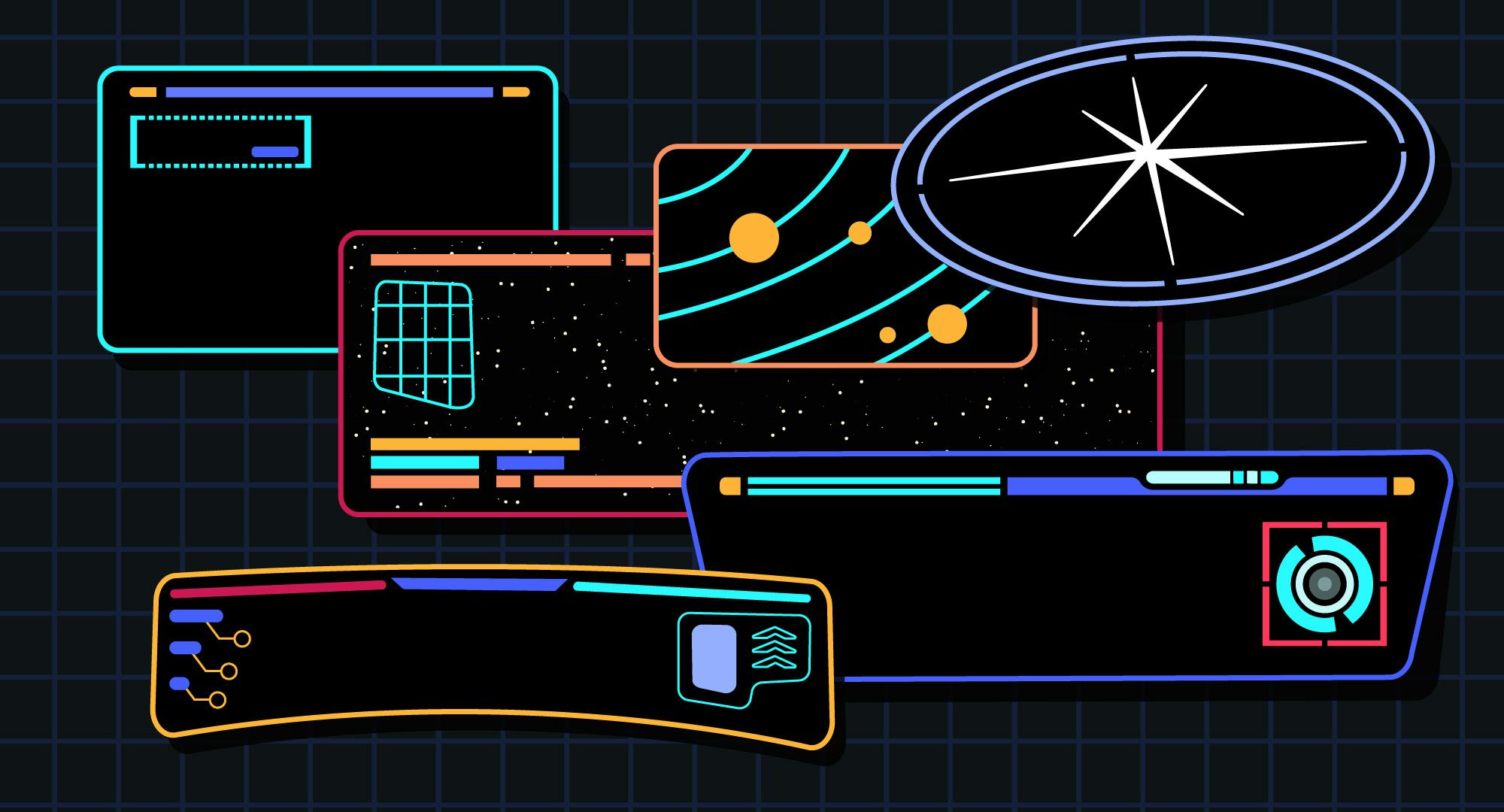 Illustrated graphic featuring several different iterations of Federation viewscreens