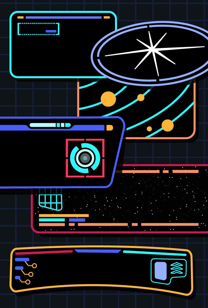 Illustrated graphic featuring several different iterations of Federation viewscreens