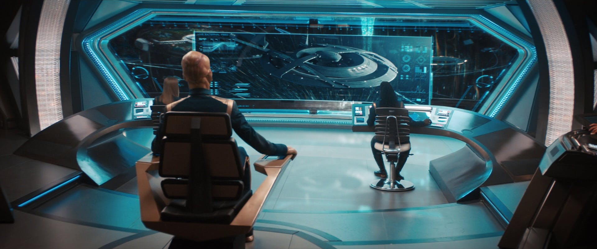 With Saru in the center seat, and Detmer and Owosekun at their stations, the Discovery crew is greeted with a site of Starfleet's armada in 'Die Trying'