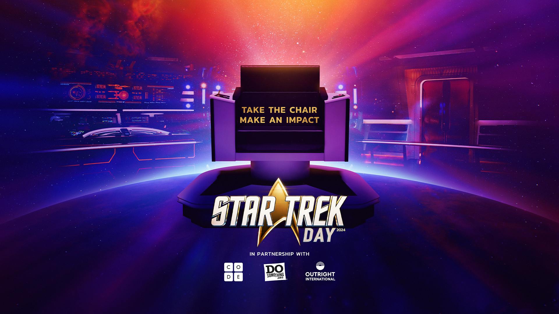 Star Trek Day 2024 key art featuring the captain's chair with text 'Take the Chair. Make an Impact.' and partnership logos from Code.org, DoSomething.org, and Outright International