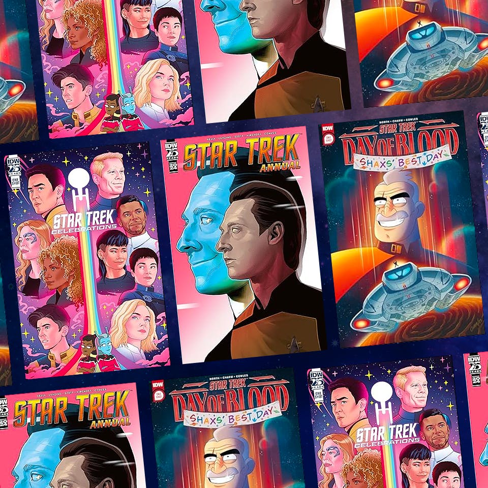 Three rows of illustrated Star Trek comic book covers 