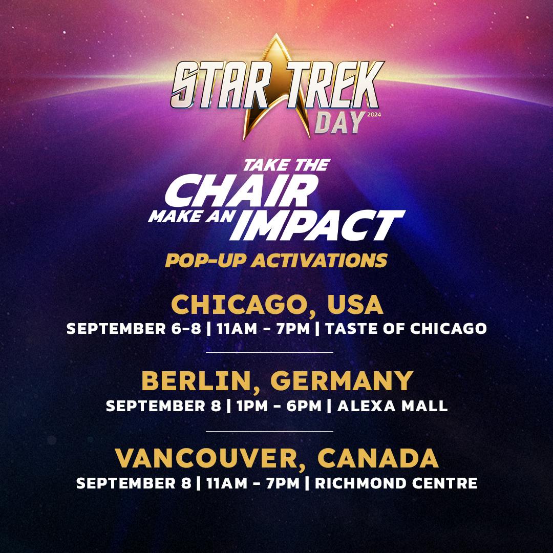 Star Trek Day flyer for 'Take the Chair, Make an Impact' activations in Chicago, USA, Berlin, Germany, and Vancouver, Canada