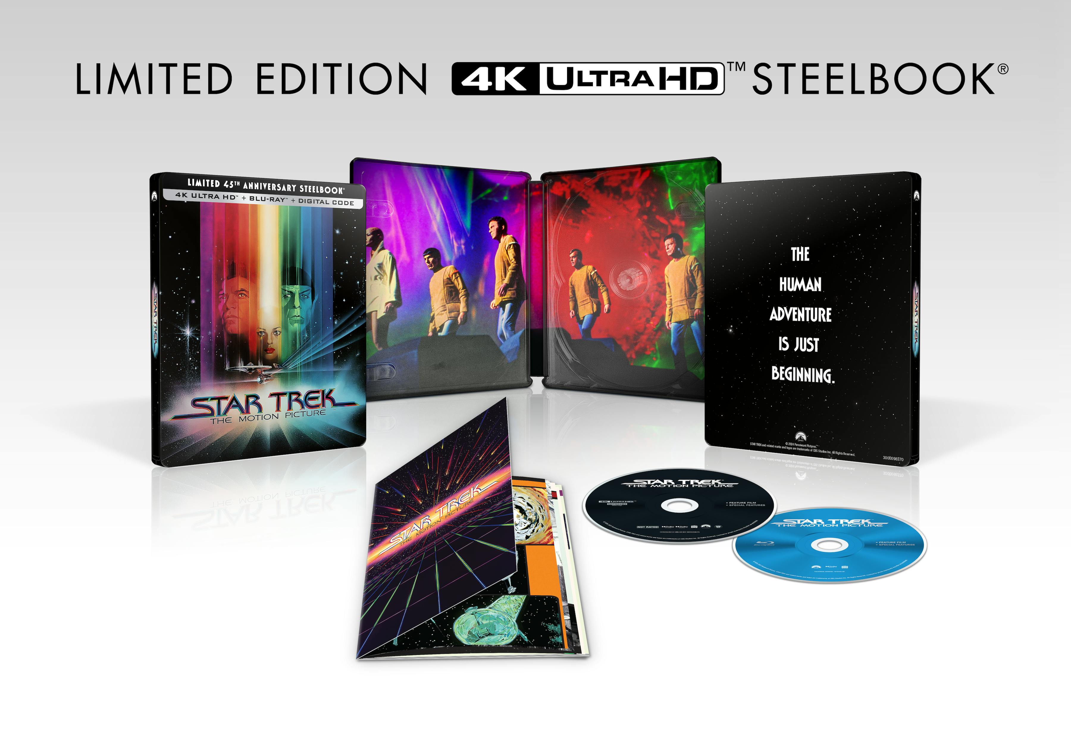 Open packshot of the 45th anniversary release of Star Trek: The Motion Picture featuring the film discs and booklet with images from Paramount Archives