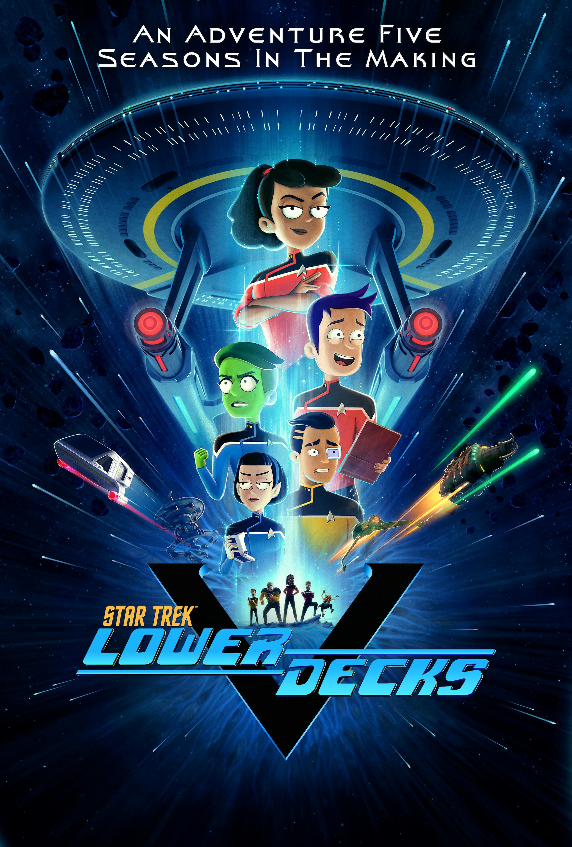 Star Trek: Lower Decks Season 5 key art vertical poster by Matt Ferguson with the Star Trek: Lower Decks title logo and text 'An adventure five seasons in the making'