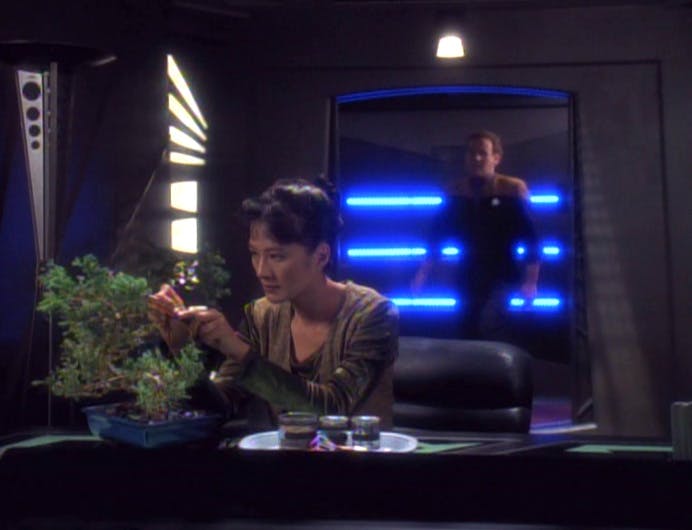 Keiko O'Brien studies her bonsai plant as Miles enters their quarters in 'The House of Quark'