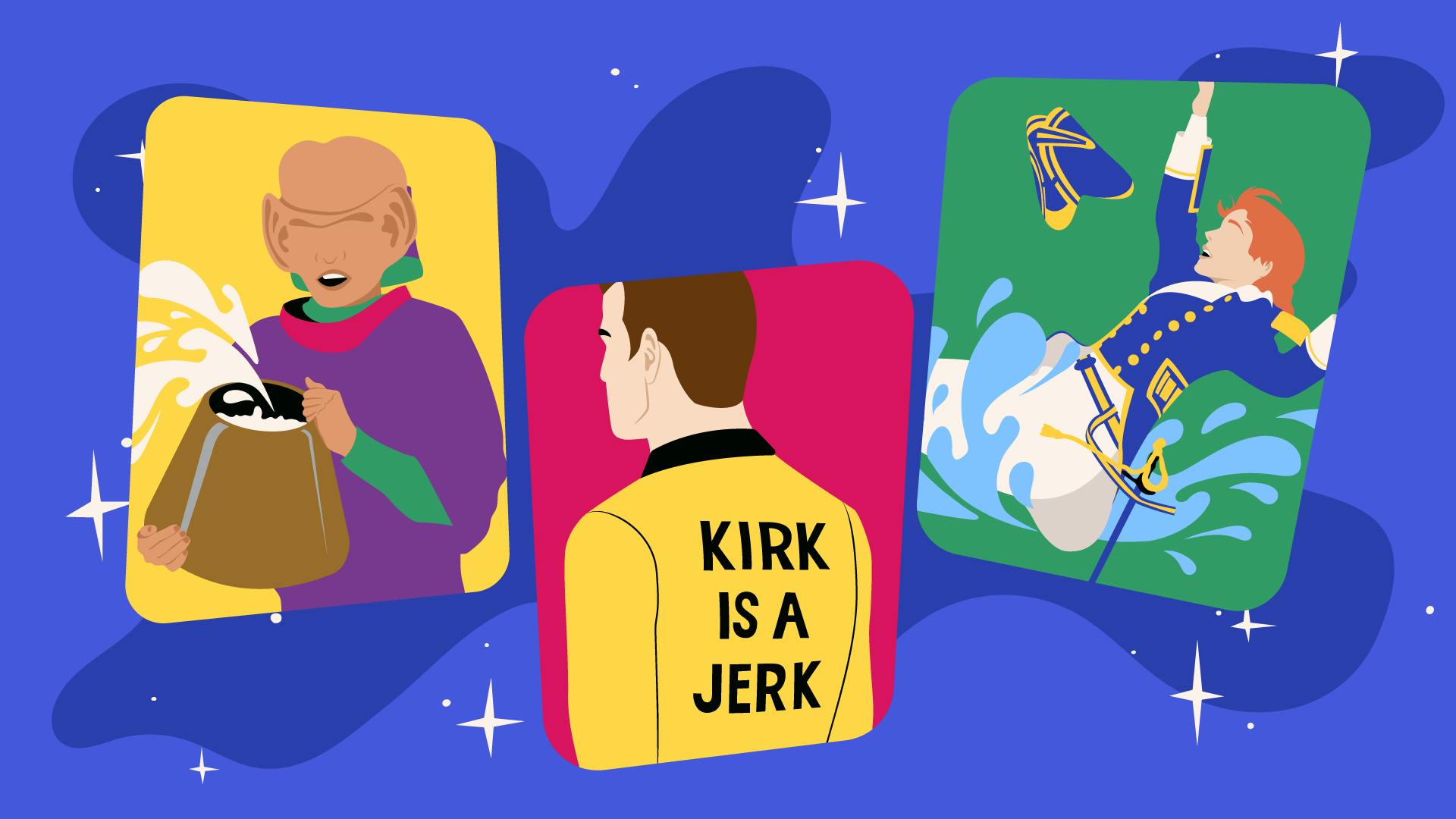 Illustration of a triptych featuring Nog holding Odo's bucket with fake goo inside splashing, Kirk with his back to us and the text 'Kirk is a Jerk' on his uniform, and Beverly Crusher in her nautical attire from Generations following over backwards into water 