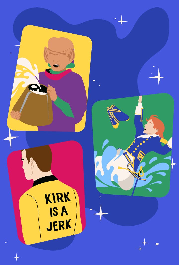 Illustration of a triptych featuring Nog holding Odo's bucket with fake goo inside splashing, Kirk with his back to us and the text 'Kirk is a Jerk' on his uniform, and Beverly Crusher in her nautical attire from Generations following over backwards into water 