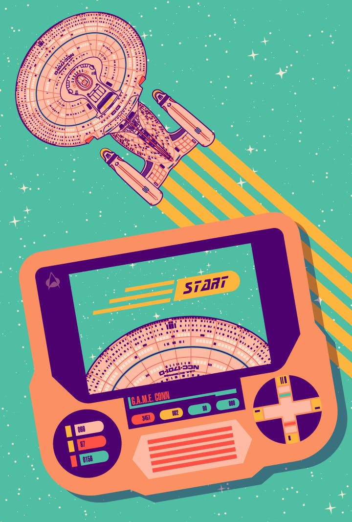 Illustrated graphic of a handheld game console with 'Start' on the screen and the Enterprise heading into warp behind it