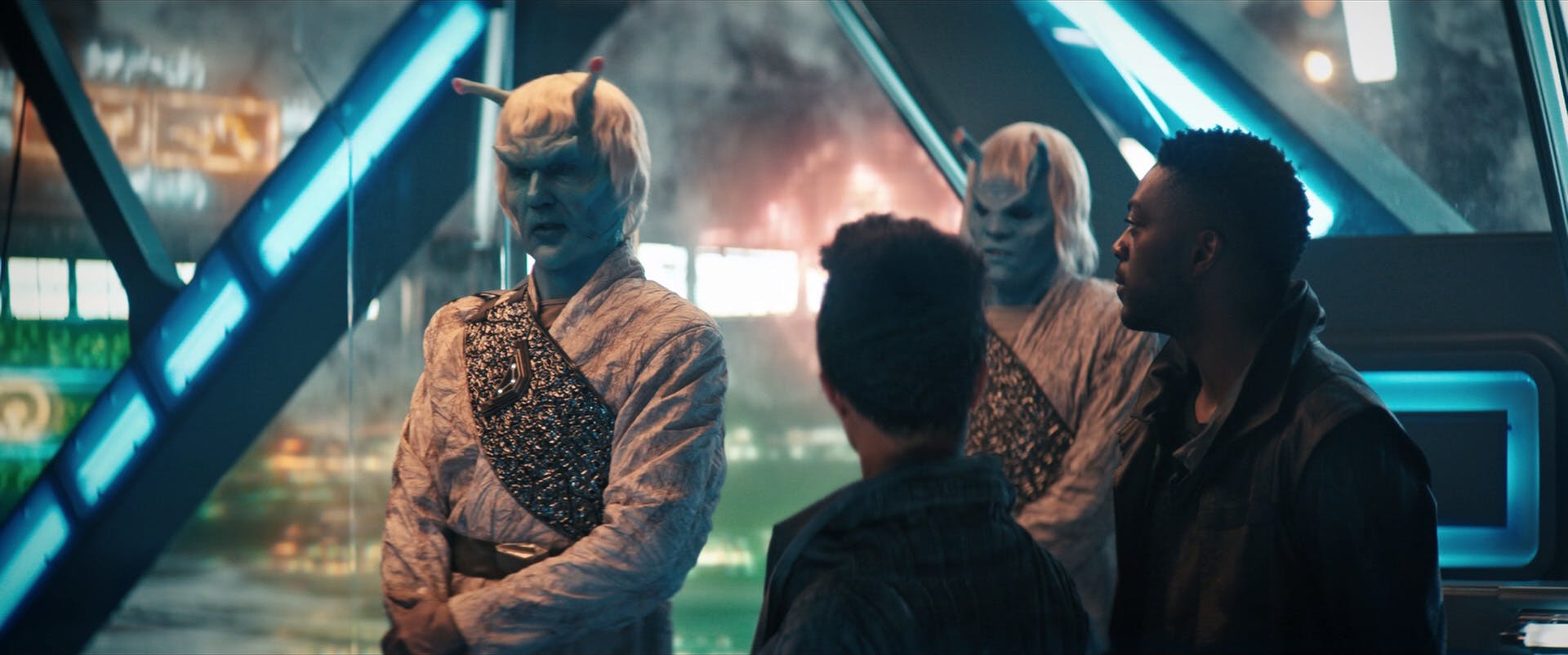 At Requiem, Michael Burnham and Cleveland 'Book' Booker face an Andorian guard in 'That Hope Is You, Part 1'