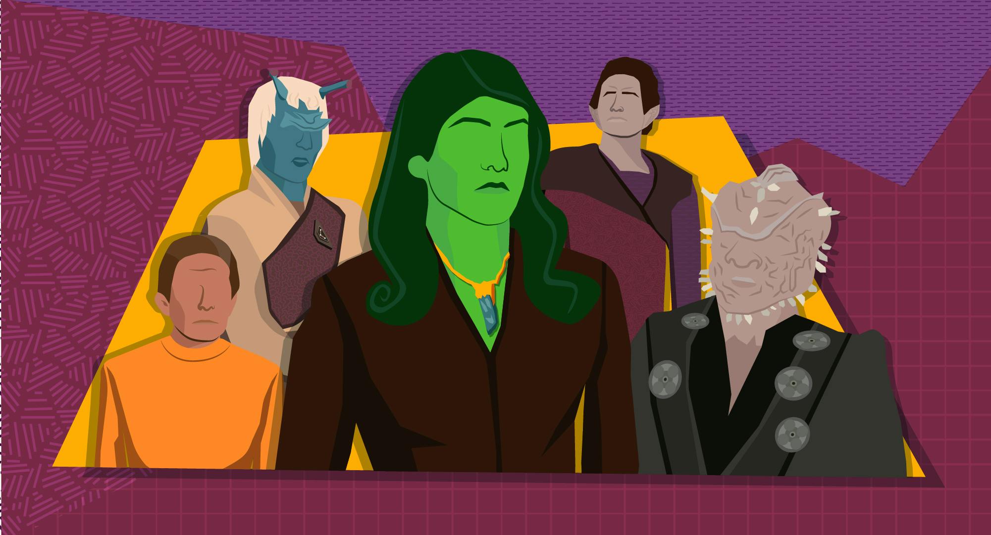 Illustrated graphic featuring the Emerald Chain's Osyraa flanked by the Female Changeling, an Andorian, Weyoun, and a Jem'Hadar